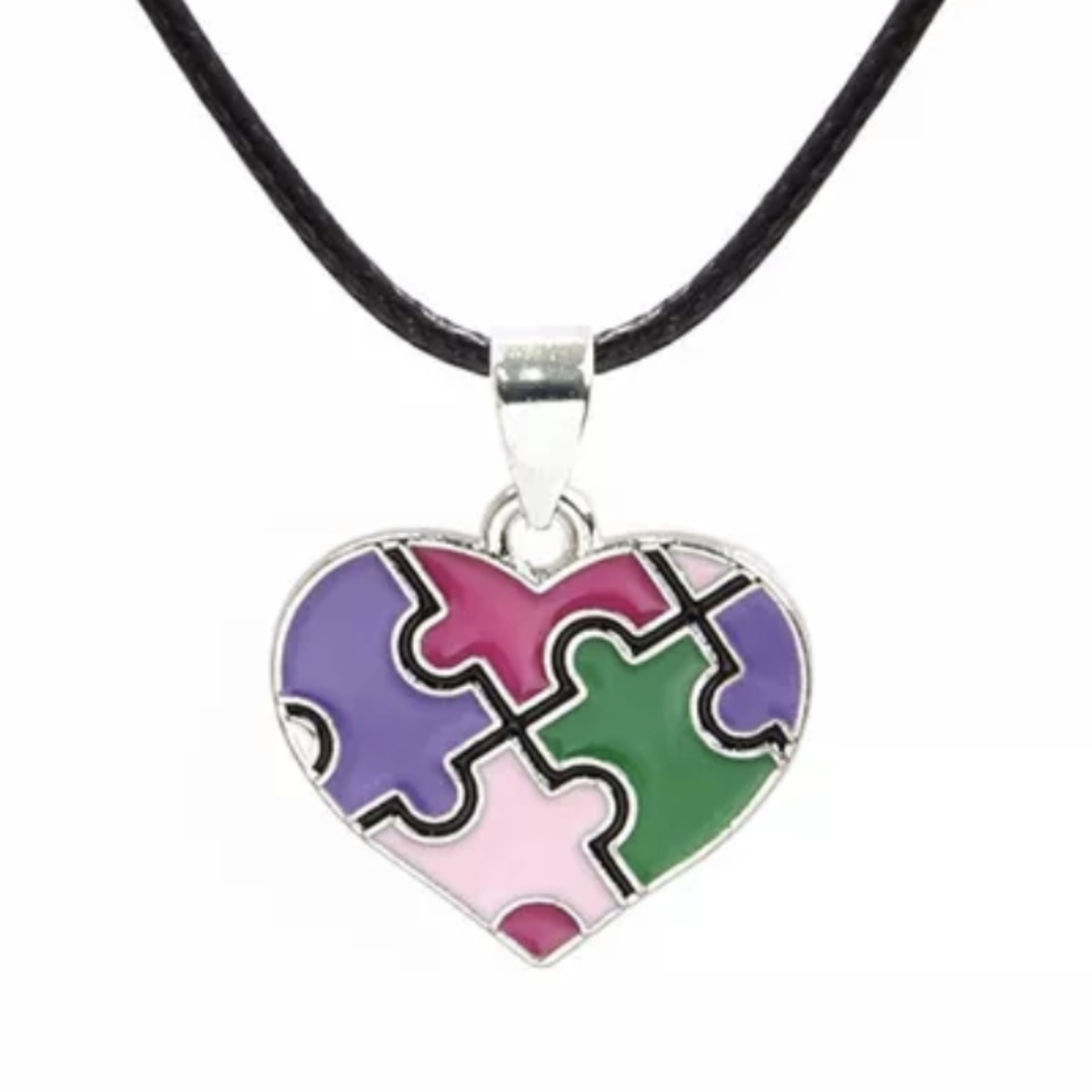 New Autism Awareness Necklace Heart Puzzle Piece Charm Silver Chain Pink